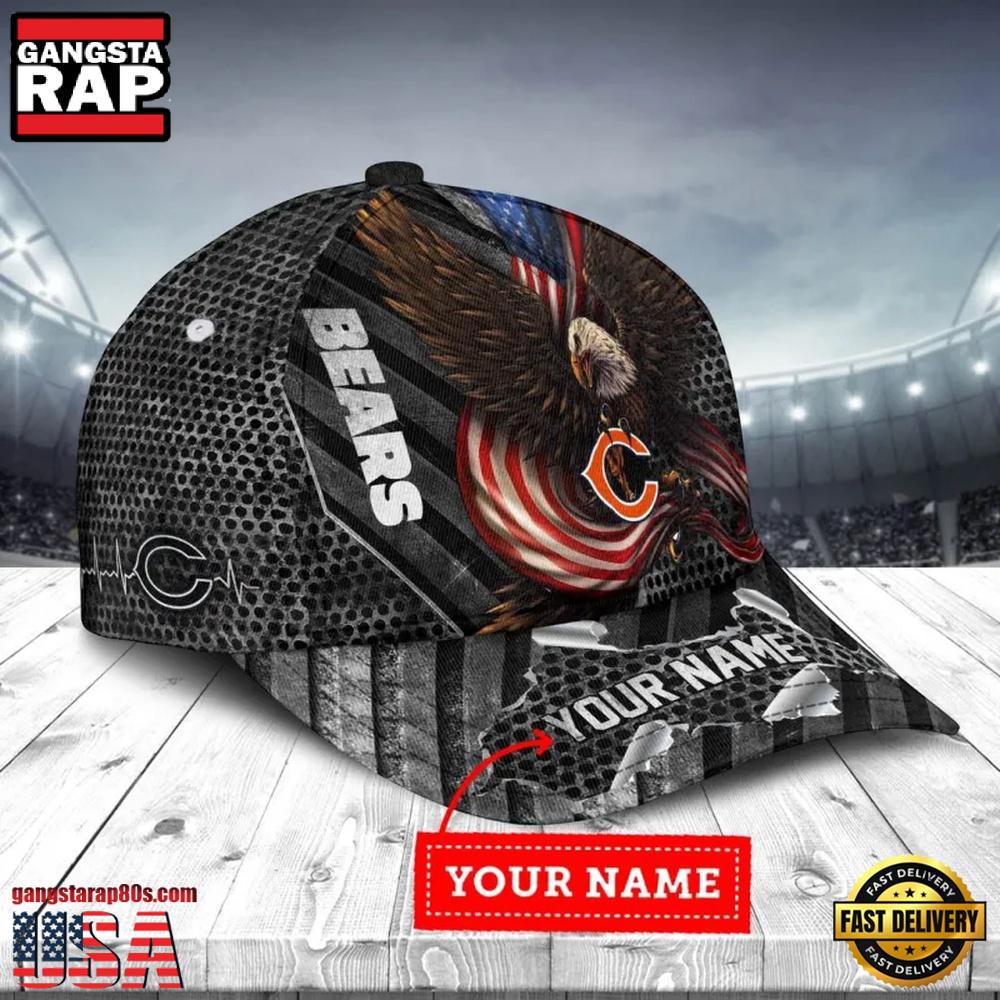 NFL Custom Name Chicago Bears Team Eagle US Flag Baseball Cap