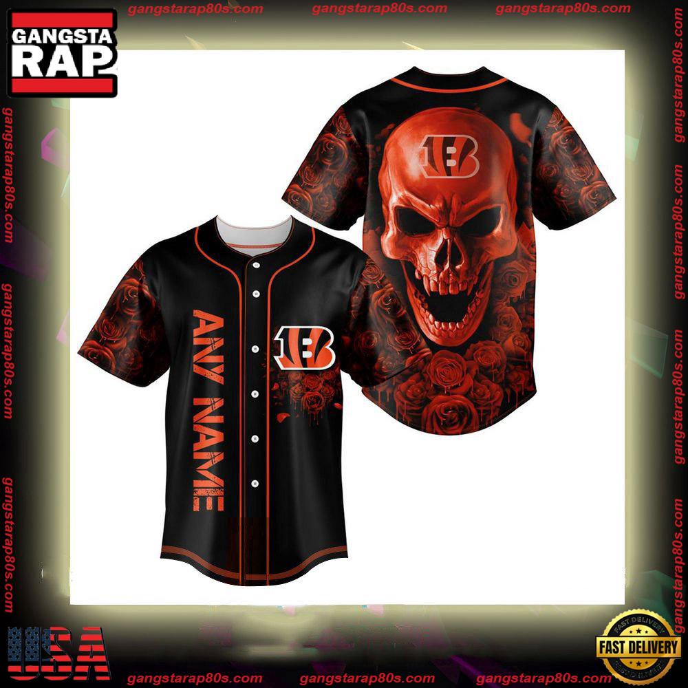 NFL Custom Name Cincinnati Bengals Football Skull Baseball Jersey Shirt