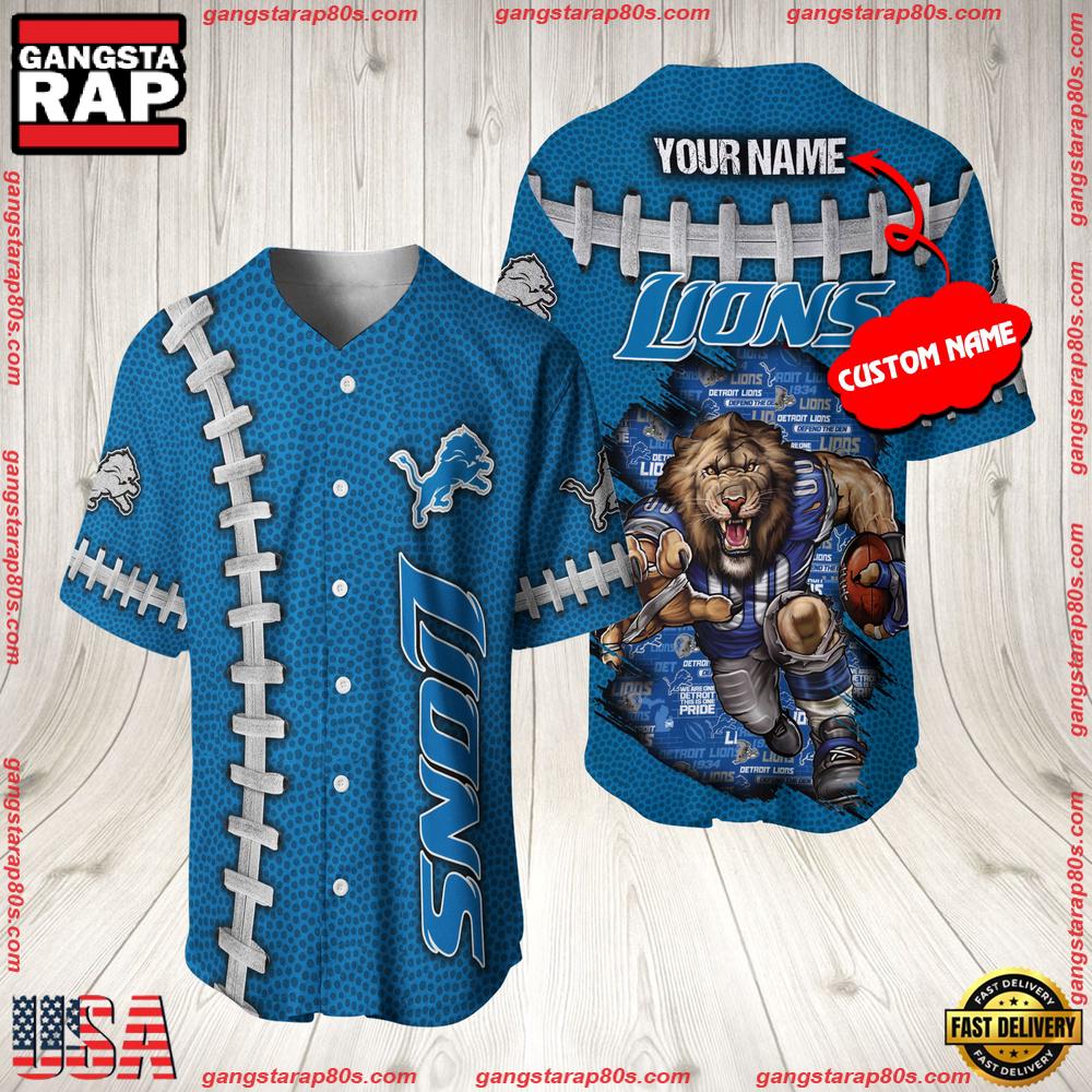 NFL Custom Name Detroit Lions Mascot Baseball Jersey Shirt