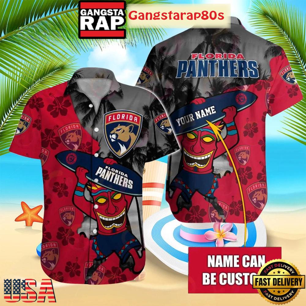 Custom Name Florida Panthers Surfing Tiki Summer Aloha Hawaiian Shirt