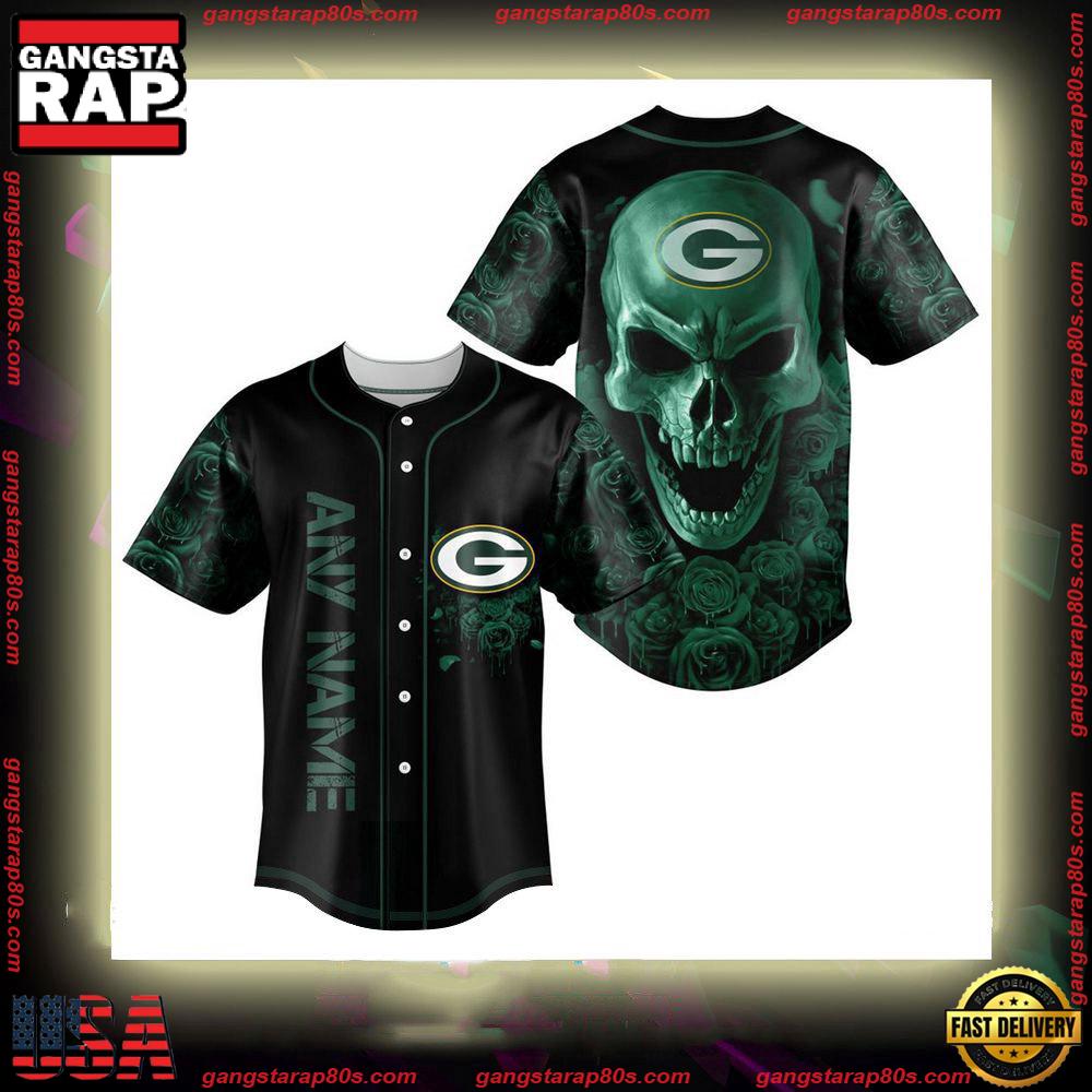 NFL Custom Name Green Bay Packers Football Skull Baseball Jersey Shirt