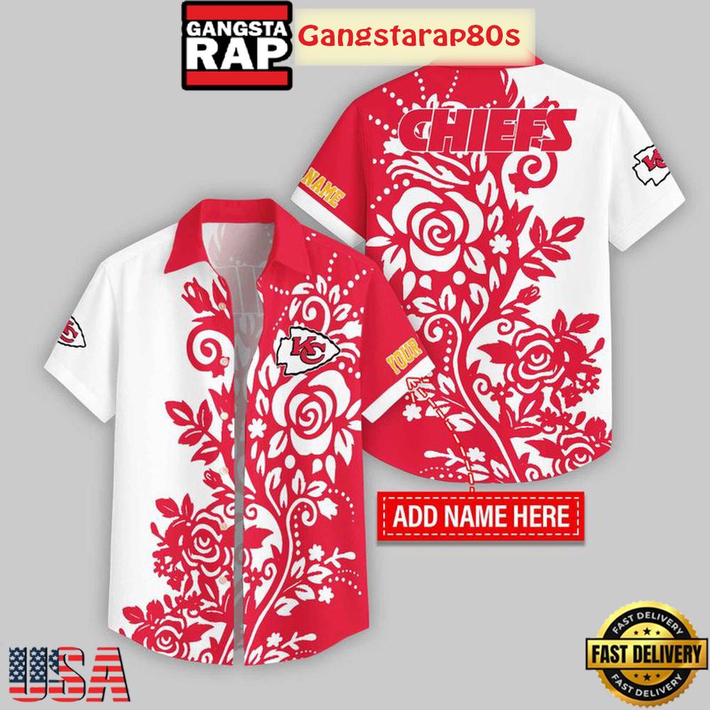 Custom Name Kansas City Chiefs Rose Branch Pattern Aloha Hawaiian Shirt