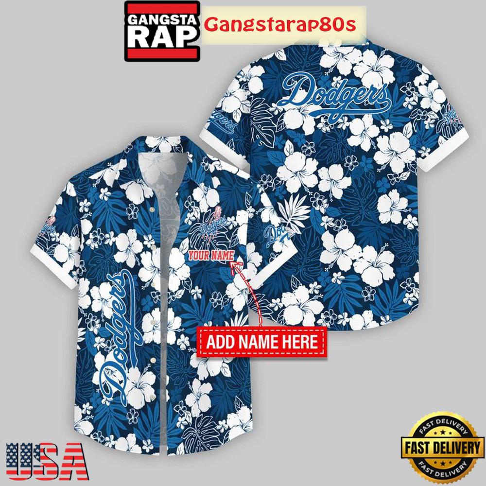 Custom Name Los Angeles Dodgers Hibicus Pattern Aloha Hawaiian Shirt