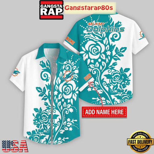 Custom Name Miami Dolphins Rose Branch Pattern Aloha Hawaiian Shirt