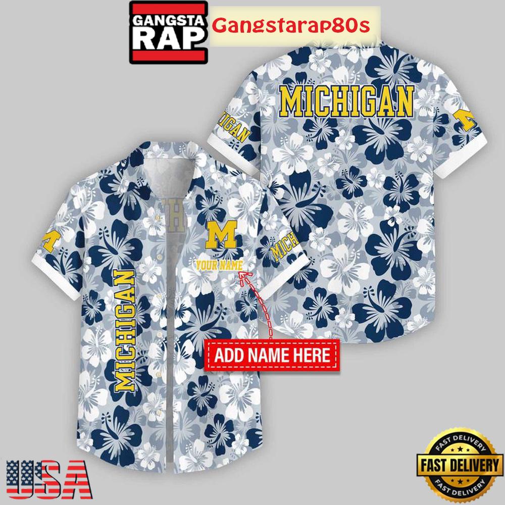 Custom Name Michigan Wolverines Flowers Pattern Aloha Hawaiian Shirt