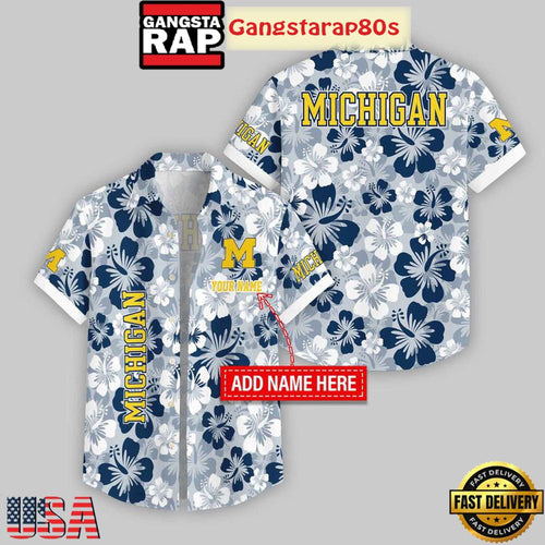 Custom Name Michigan Wolverines Flowers Pattern Aloha Hawaiian Shirt