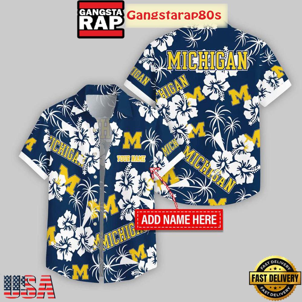 Custom Name Michigan Wolverines Hibicus Aloha Hawaiian Shirt
