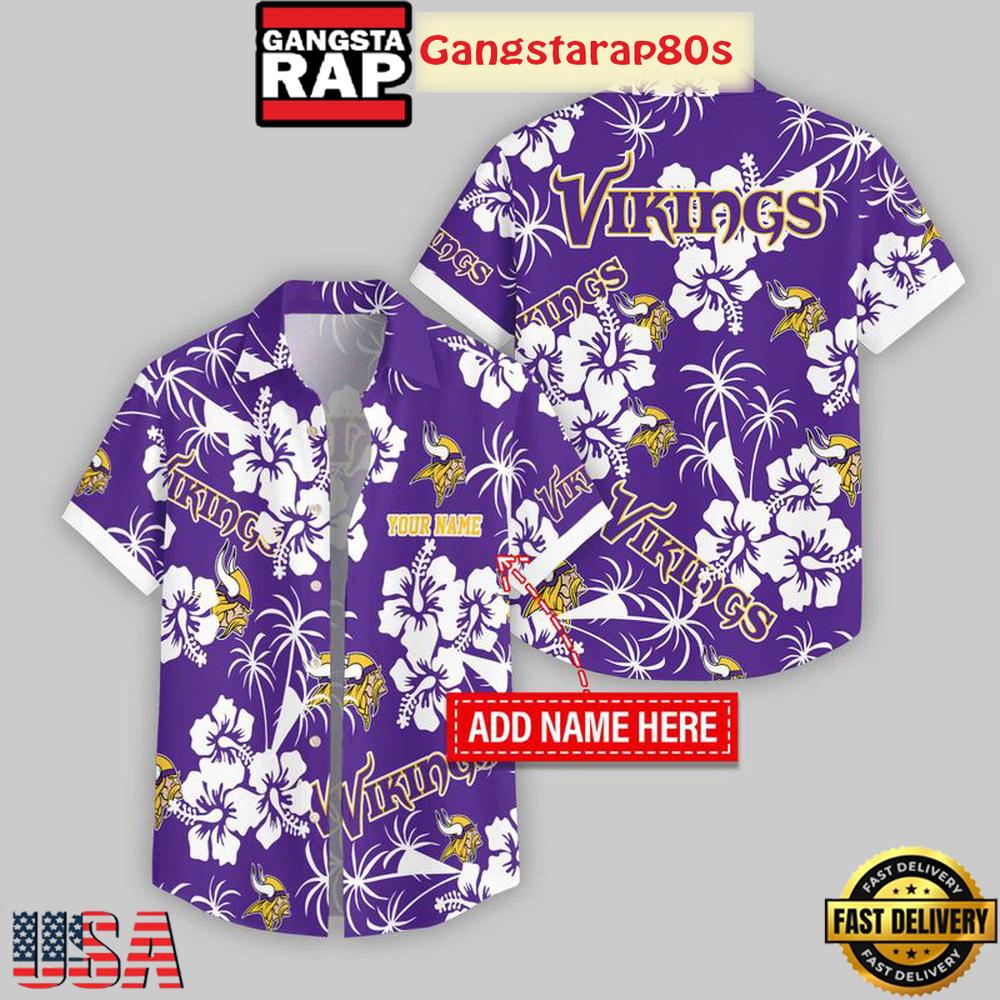 Custom Name Minnesota Vikings Hibicus Aloha Hawaiian Shirt