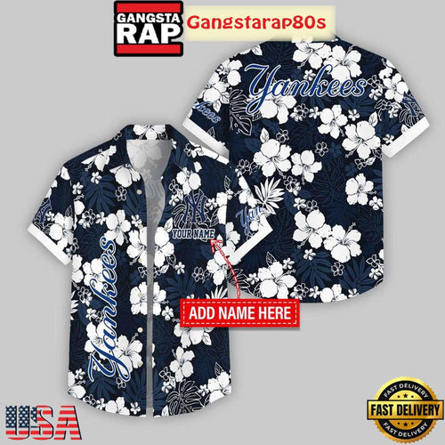 Custom Name New York Yankees Hibicus Pattern Aloha Hawaiian Shirt