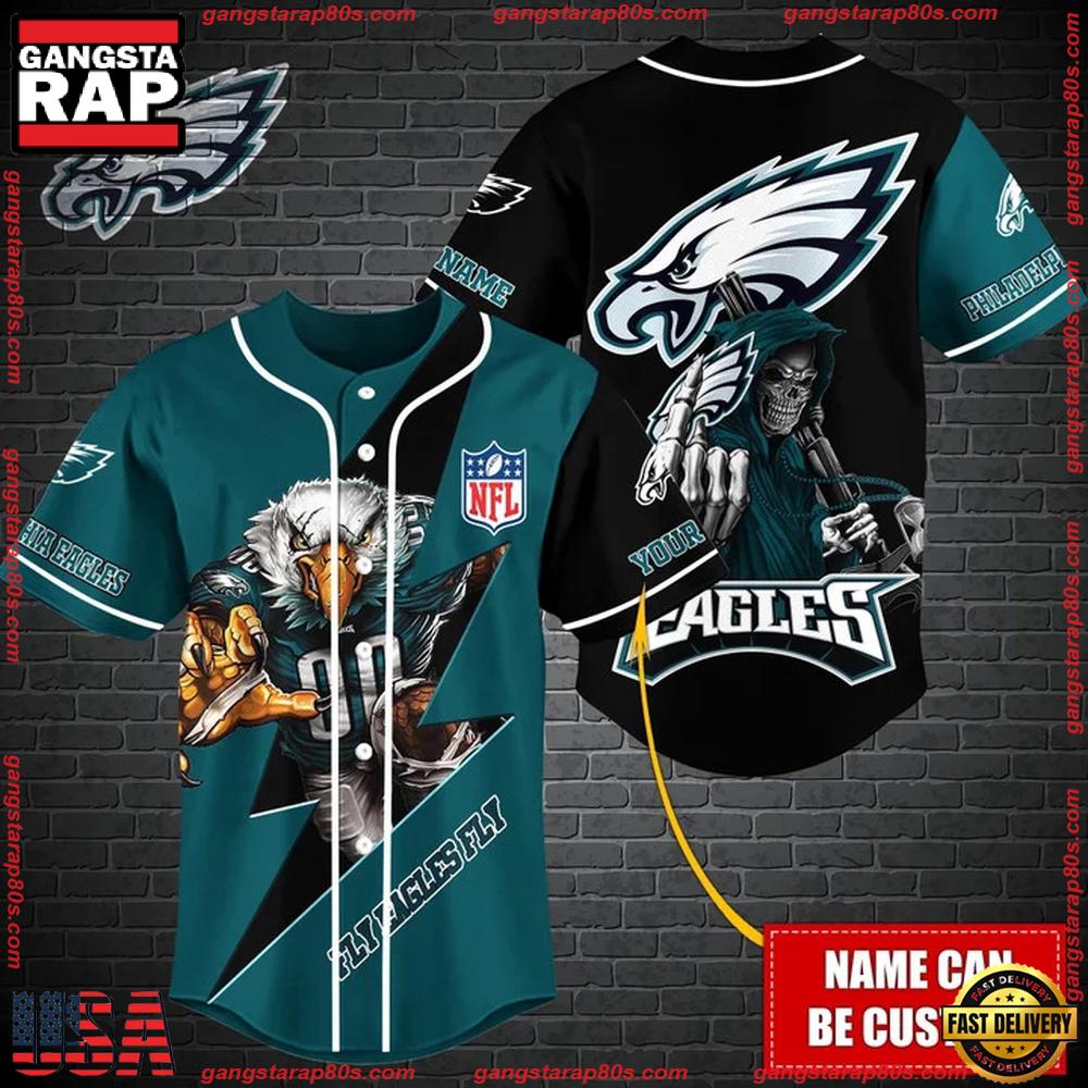 NFL Custom Name Philadelphia Eagles Mascot And Skull New Design Baseball Jersey