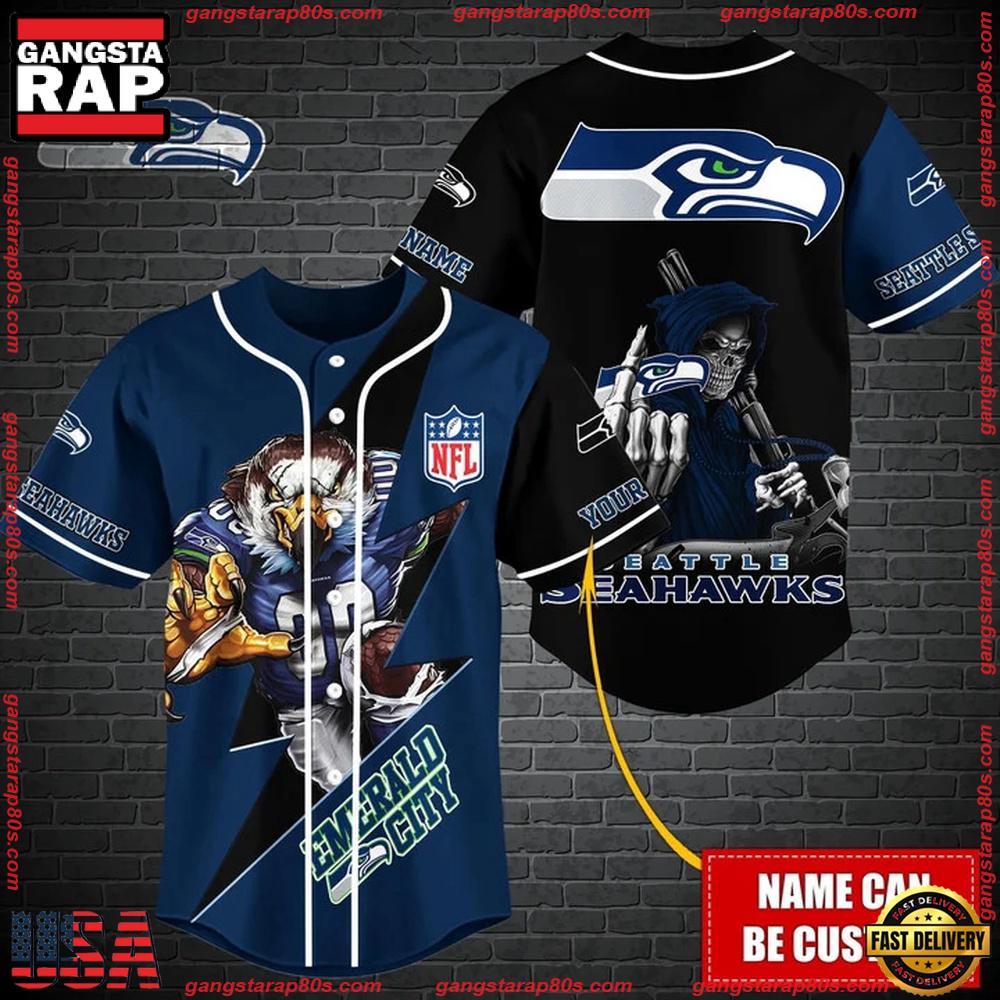 NFL Custom Name Seattle Seahawks Mascot And Skull New Design Baseball Jersey