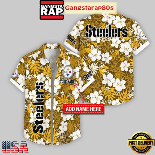 Custom Name Pittsburgh Steelers Hibicus Pattern Aloha Hawaiian Shirt