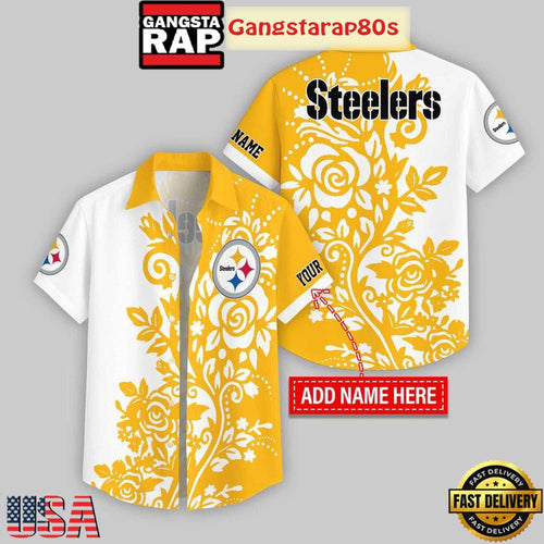 Custom Name Pittsburgh Steelers Rose Branch Pattern Aloha Hawaiian Shirt