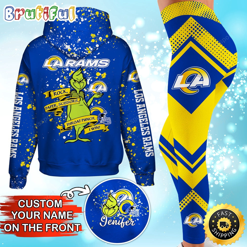 Custom NFL Los Angeles Rams Hoodie Leggings The Grinch Hoodie Rock Paper Scissors Throat Punch I Win