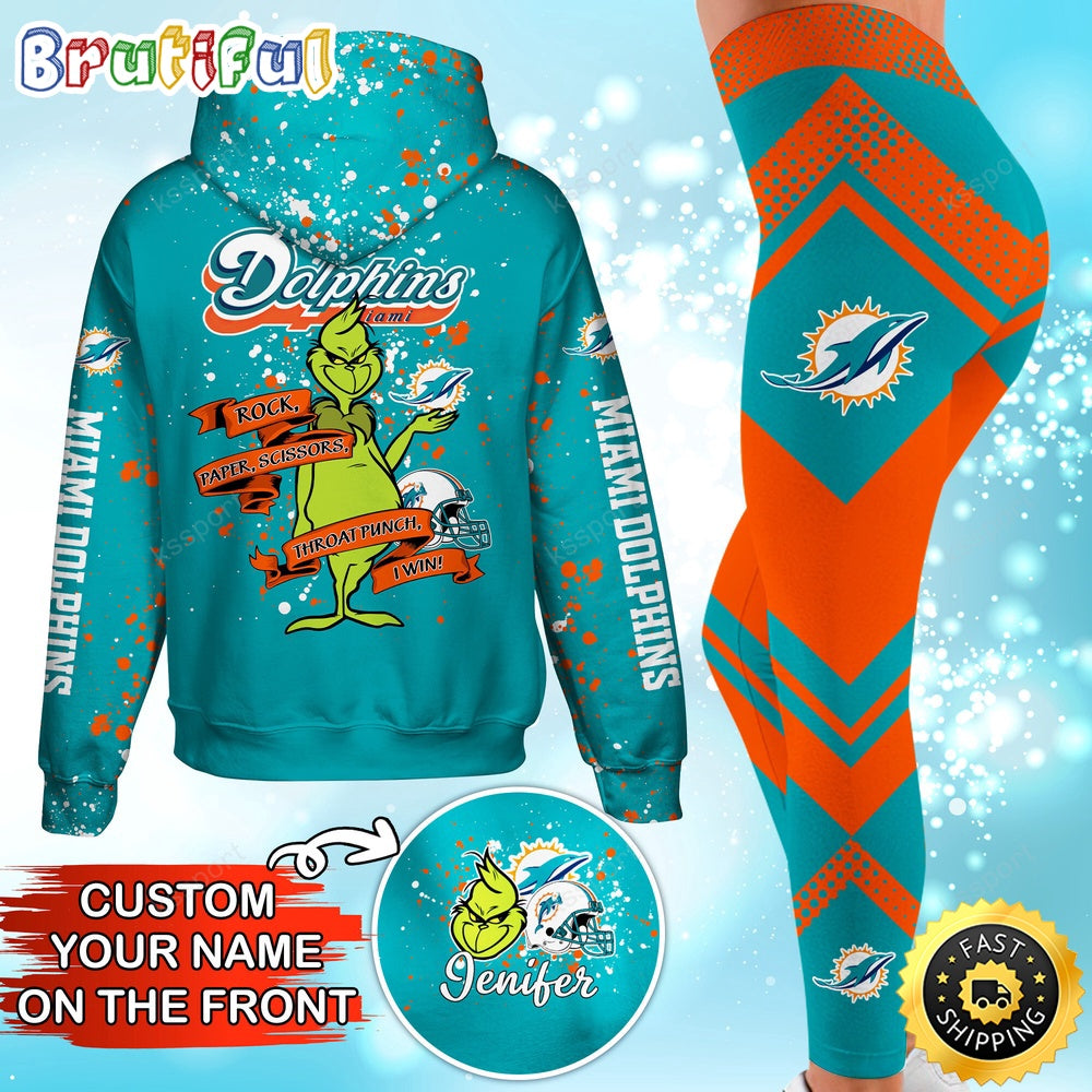 Custom NFL Miami Dolphins Hoodie Leggings The Grinch Hoodie Rock Paper Scissors Throat Punch I Win