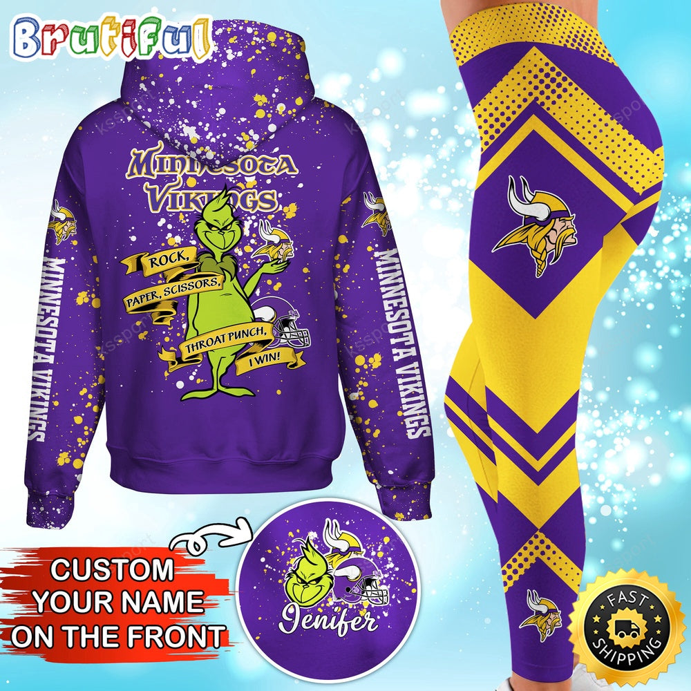 Custom NFL Minnesota Vikings Hoodie Leggings The Grinch Hoodie Rock Paper Scissors Throat Punch I Win