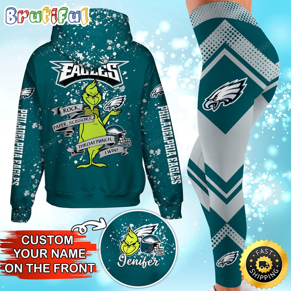 Custom NFL Philadelphia Eagles Hoodie Leggings The Grinch Hoodie Rock Paper Scissors Throat Punch I Win