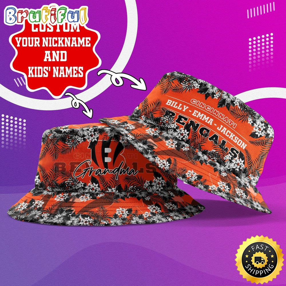 Customized NFL Cincinnati Bengals Bucket Hat Floral Pattern Hat For Football Fans