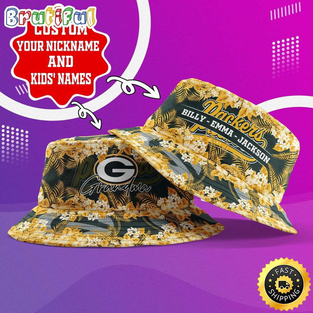 Customized NFL Green Bay Packers Bucket Hat Floral Pattern Hat For Football Fans