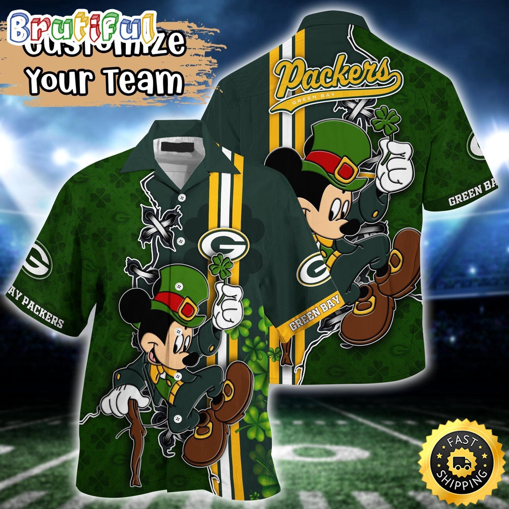 Customized NFL Green Bay Packers Hawaiian Shirt Mickey Mouse Saint Patricks Day Hawaii Shirt