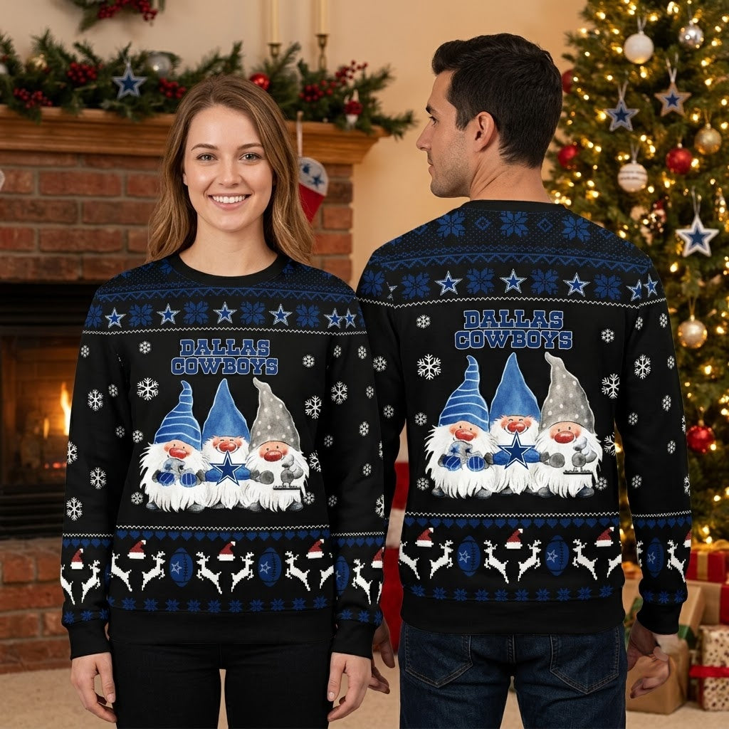 Dallas Cowboys Christmas Gnome Trio Ugly Christmas Sweater