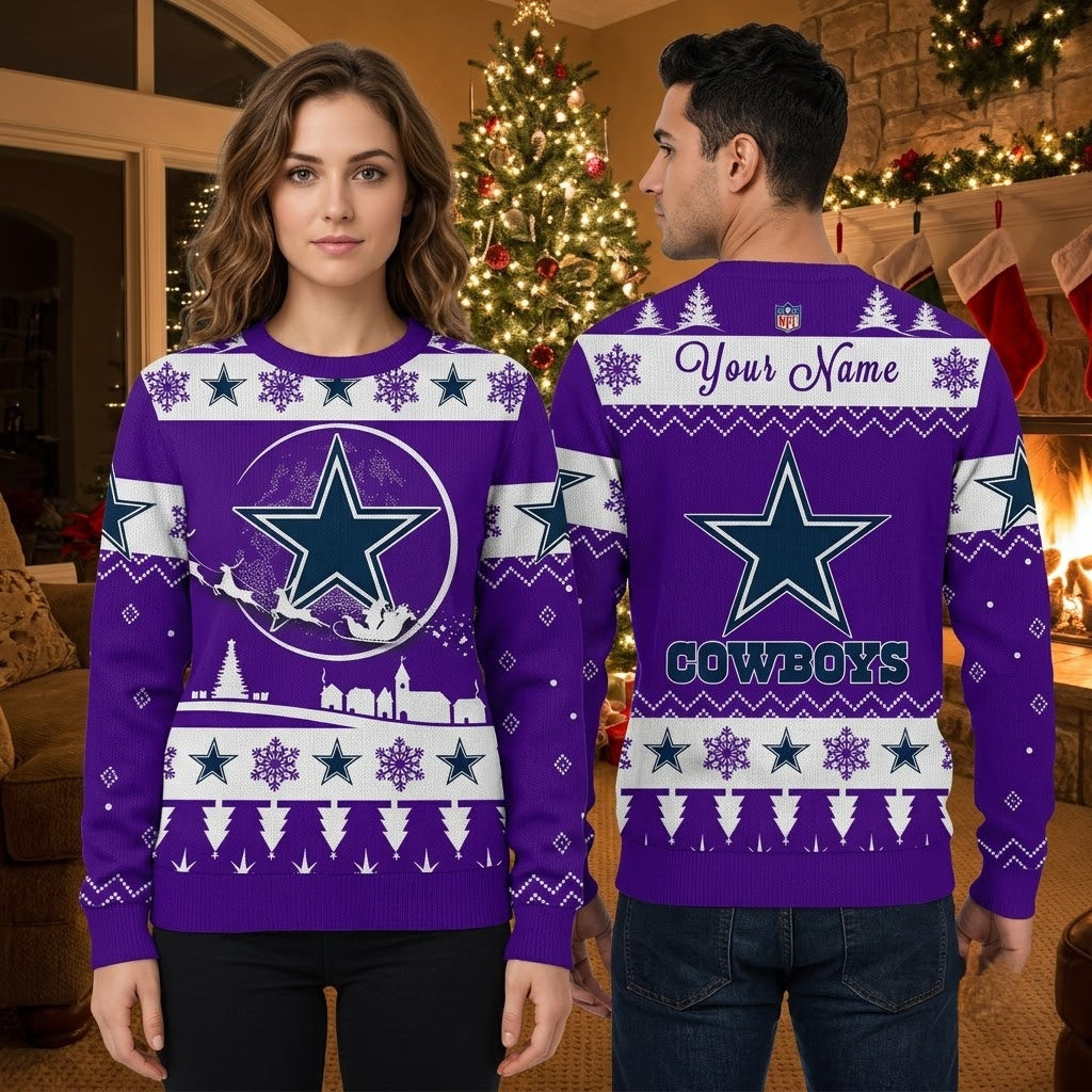 Dallas Cowboys Custom Name Star And Snowflake Ugly Christmas Sweater