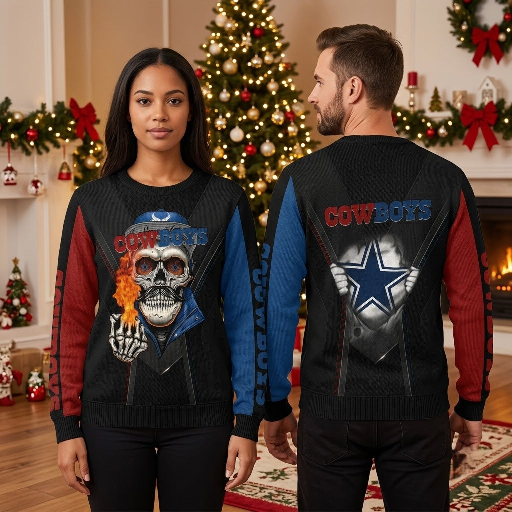 Dallas Cowboys Flaming Skull And Star Sweater