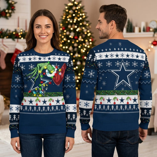 Dallas Cowboys Grinch Hand Football Christmas Lights Ugly Christmas Sweater