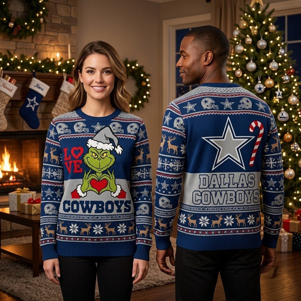 Dallas Cowboys Grinch Love Santa Hat Ugly Christmas Sweater