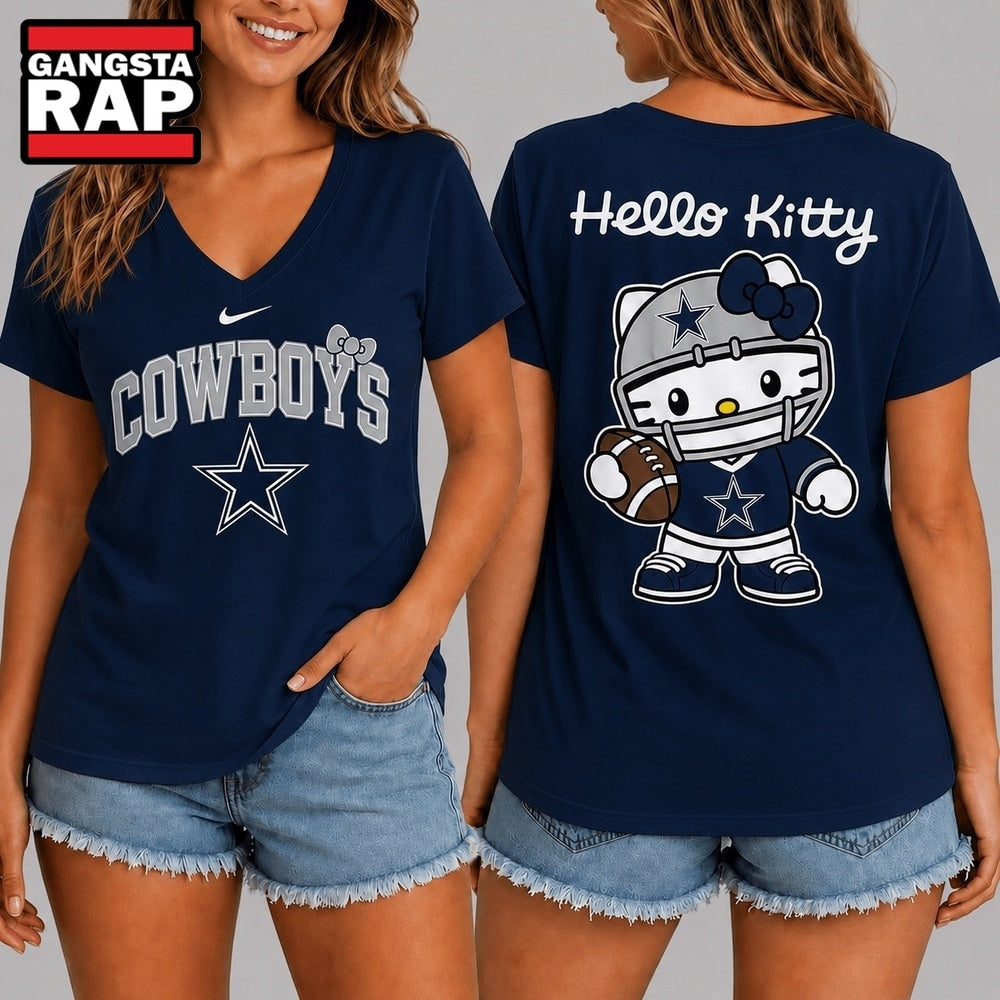 Dallas Cowboys NFL Hello Kitty Football V Neck T Shirt