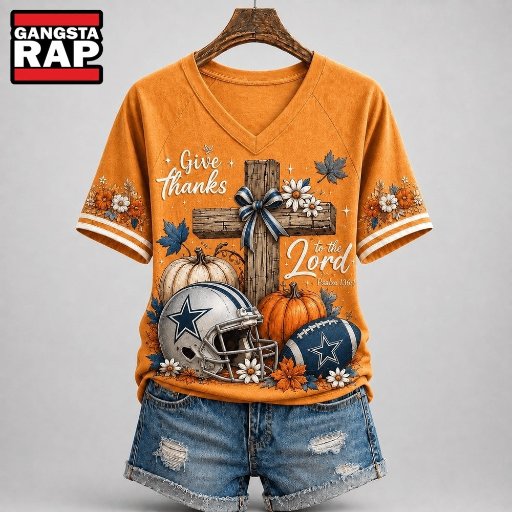 Dallas Cowboys NFL Thanksgiving Faith And Football V Neck T Shirt