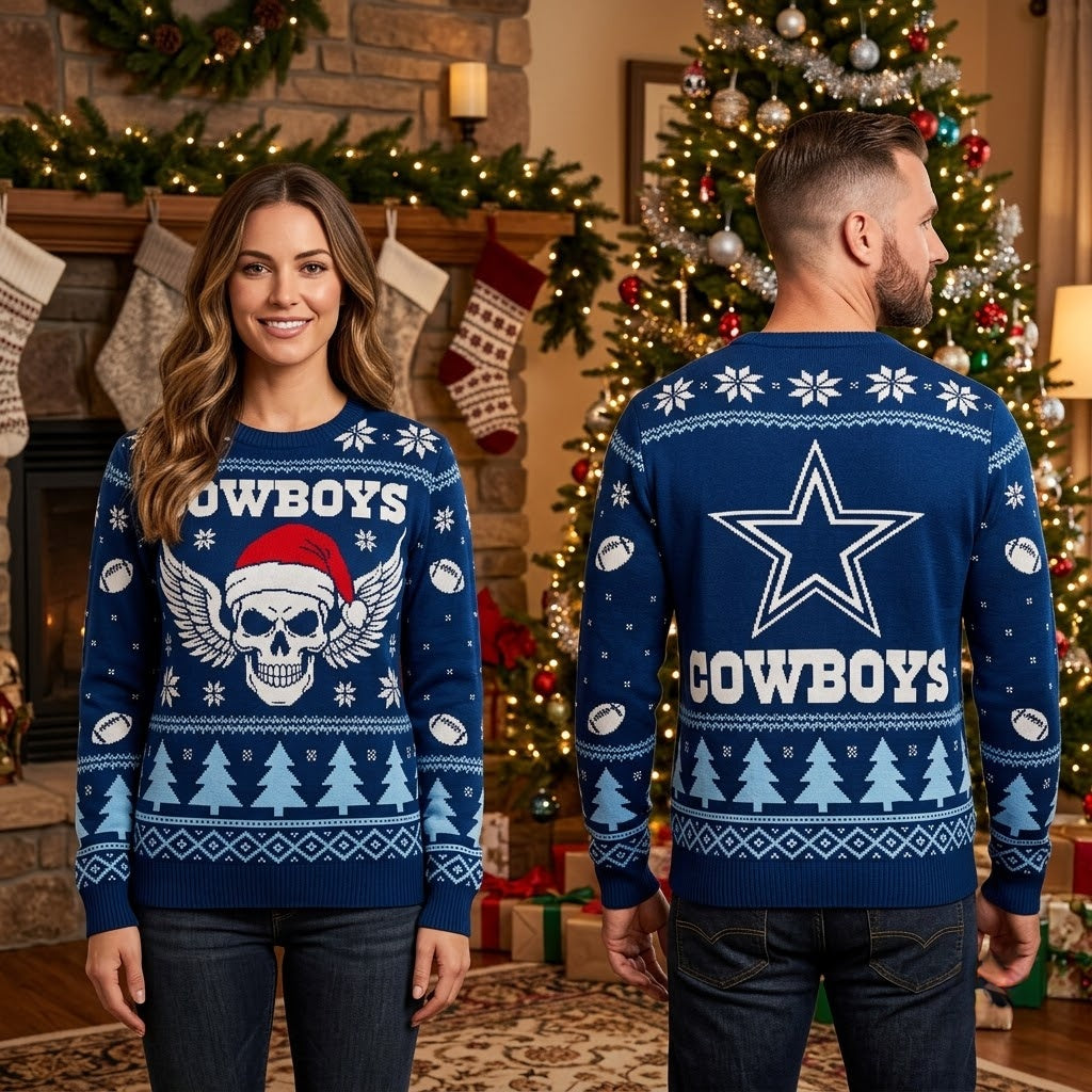 Dallas Cowboys Santa Hat Skull With Wings Ugly Christmas Sweater