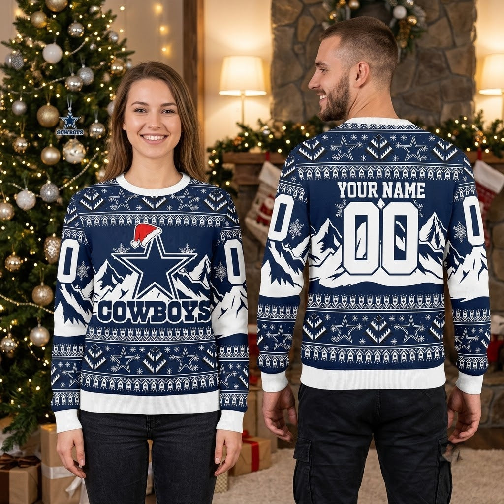 Dallas Cowboys Santa Hat Star Custom Name And Number Ugly Christmas Sweater