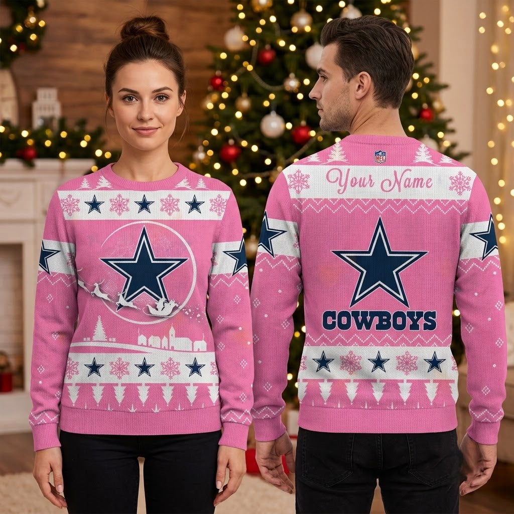 Dallas Cowboys Santa Sleigh Star Pink Ugly Christmas Sweater