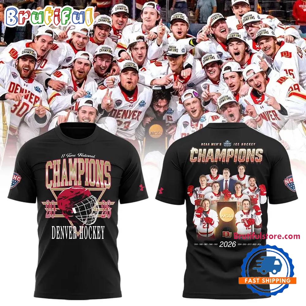 Denver Pioneers 2026 NCAA Frozen Four Men’s Ice Hockey National Champions All Team Graphic Black T Shirt
