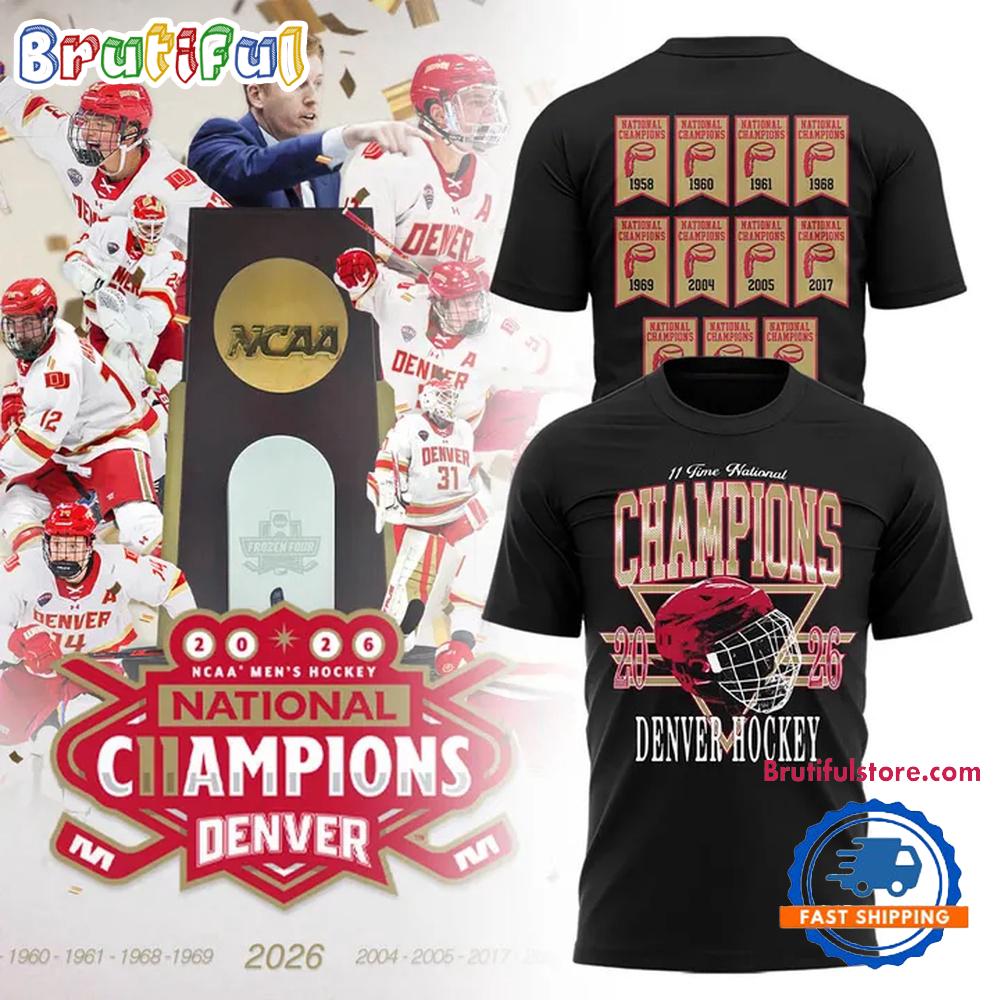 Denver Pioneers 2026 NCAA Frozen Four Men’s Ice Hockey National Champions Helmet Black T Shirt
