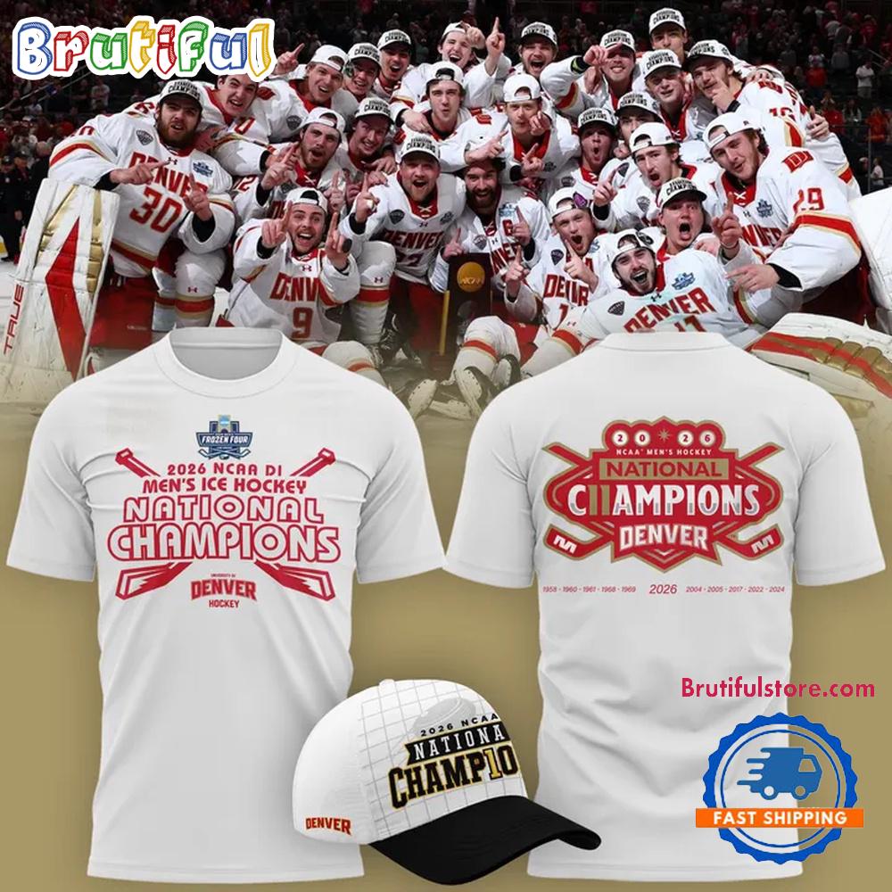 Denver Pioneers 2026 NCAA Frozen Four Men’s Ice Hockey National Champions White T Shirt