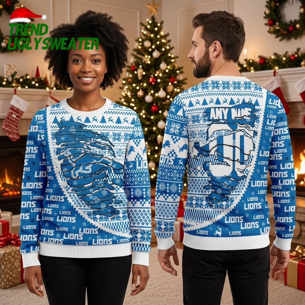 Detroit Lions Any Name Custom Football Helmet Christmas Sweater