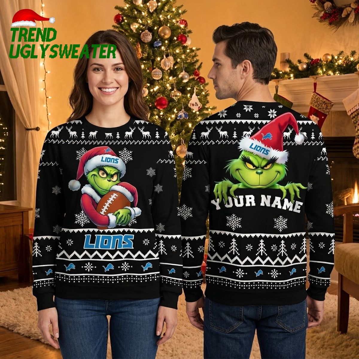 Detroit Lions Grinch Football Custom Name Ugly Christmas Sweater