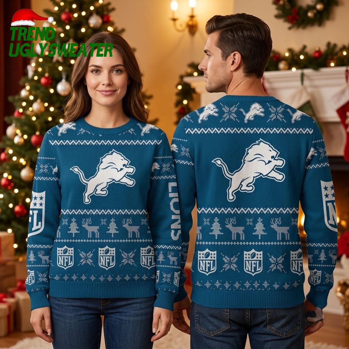 Detroit Lions Leaping Lion Reindeer Pattern Ugly Christmas Sweater