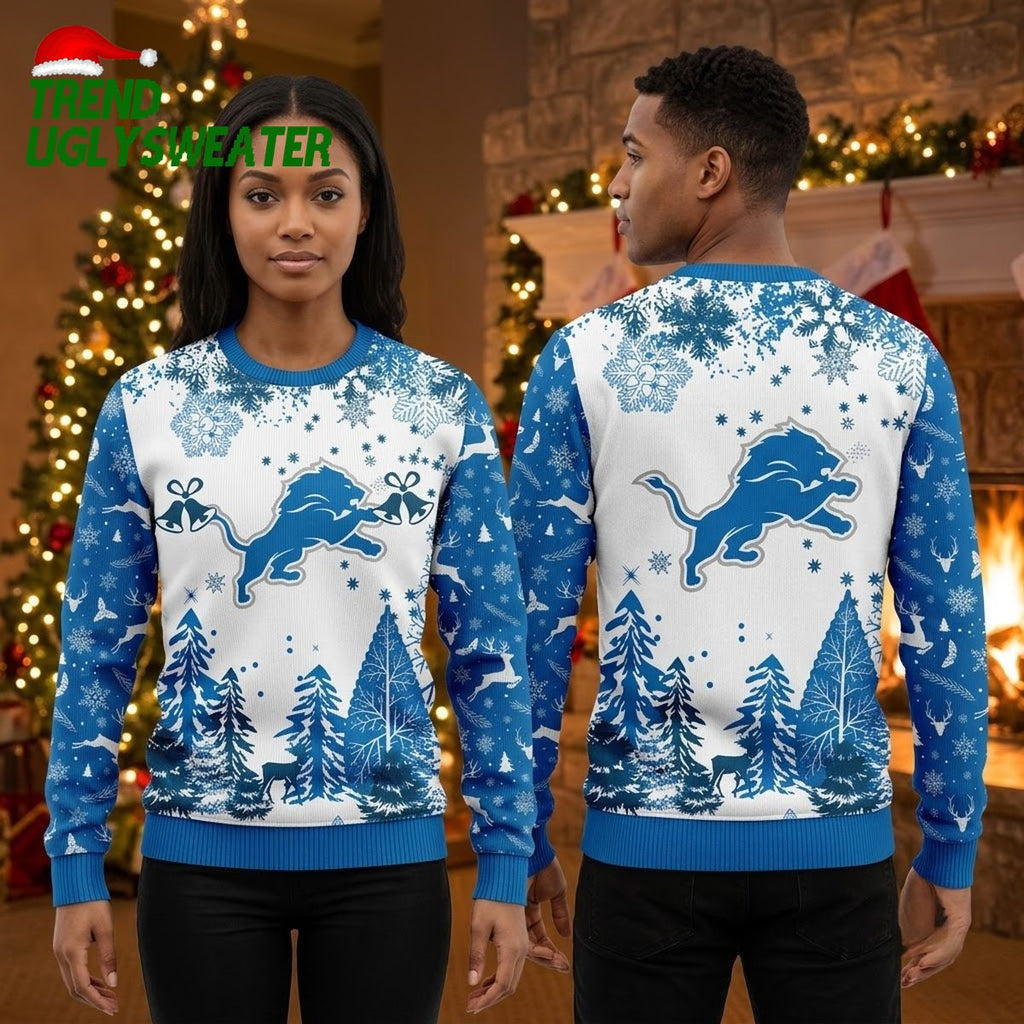 Detroit Lions Leaping Lion Snowy Forest Ugly Christmas Sweater