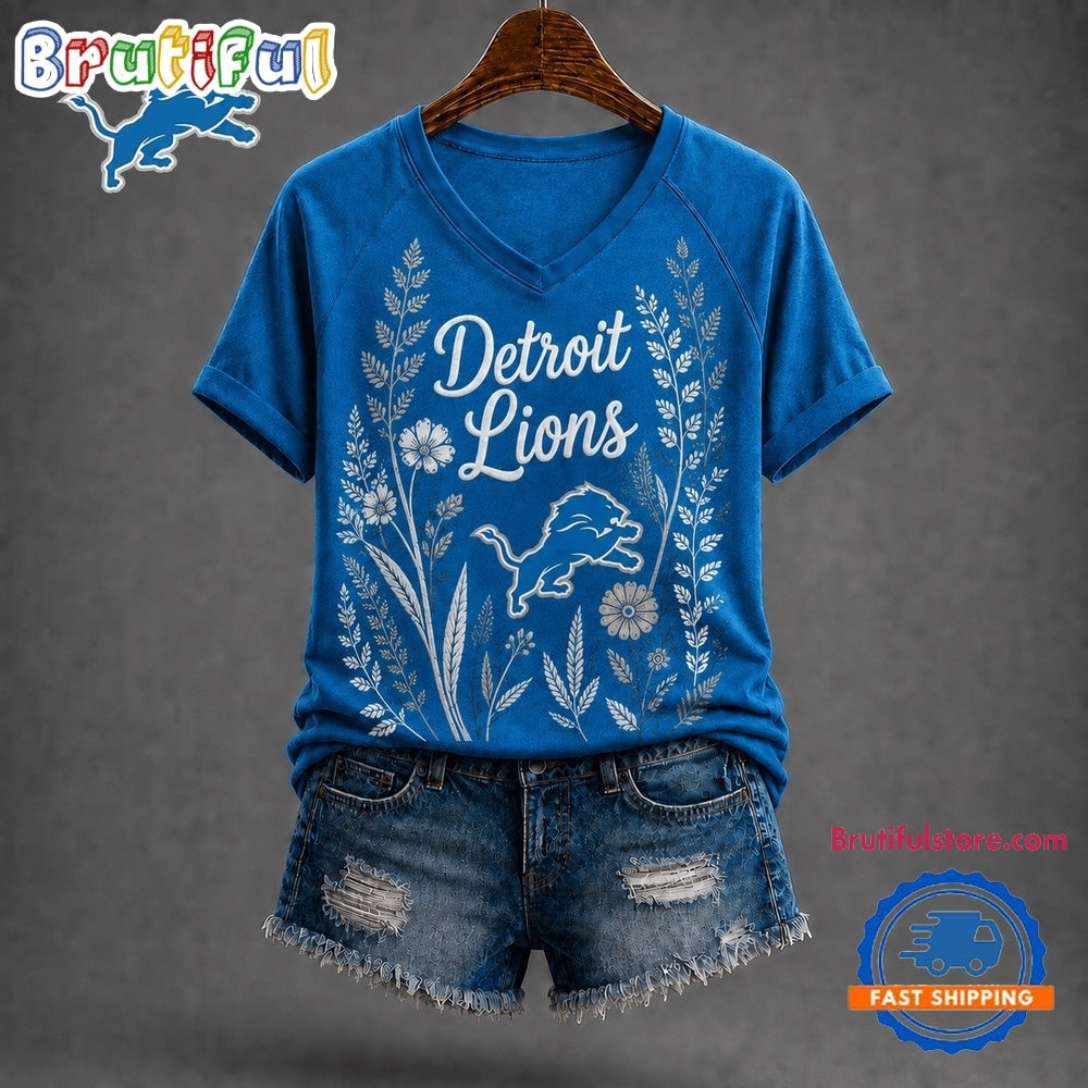 Detroit Lions NFL Floral Garden V Neck T Shirt