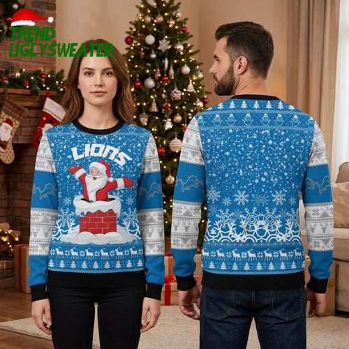 Detroit Lions Santa Emerging From Chimney Ugly Christmas Sweater