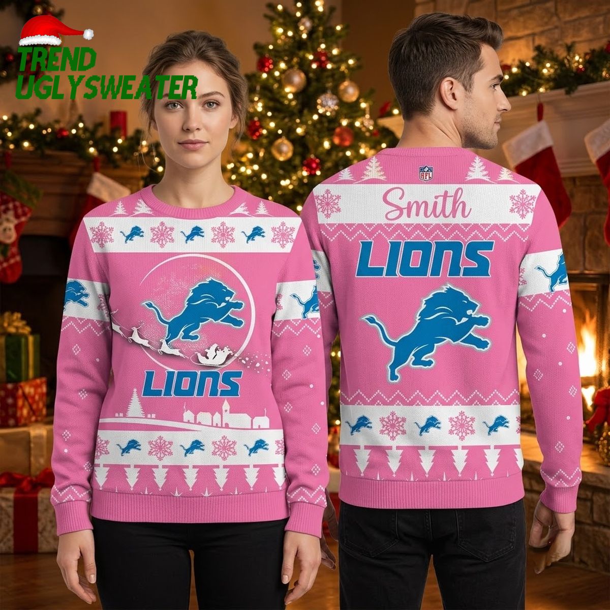 Detroit Lions Santa Sleigh Pink Ugly Christmas Sweater