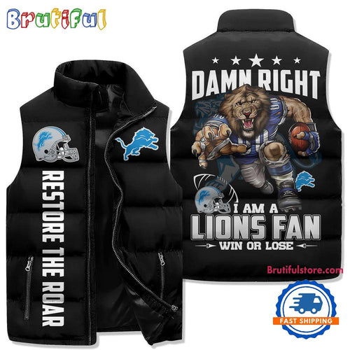 Detroit Lions Sporty Mascot Design Sleeveless Puffer Jacket