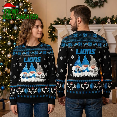Detroit Lions Three Gnomes Football Ugly Christmas Sweater