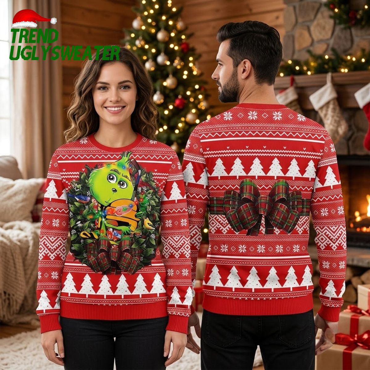 Detroit Red Wings Grinch Hockey Player Hug Ugly Christmas Sweater