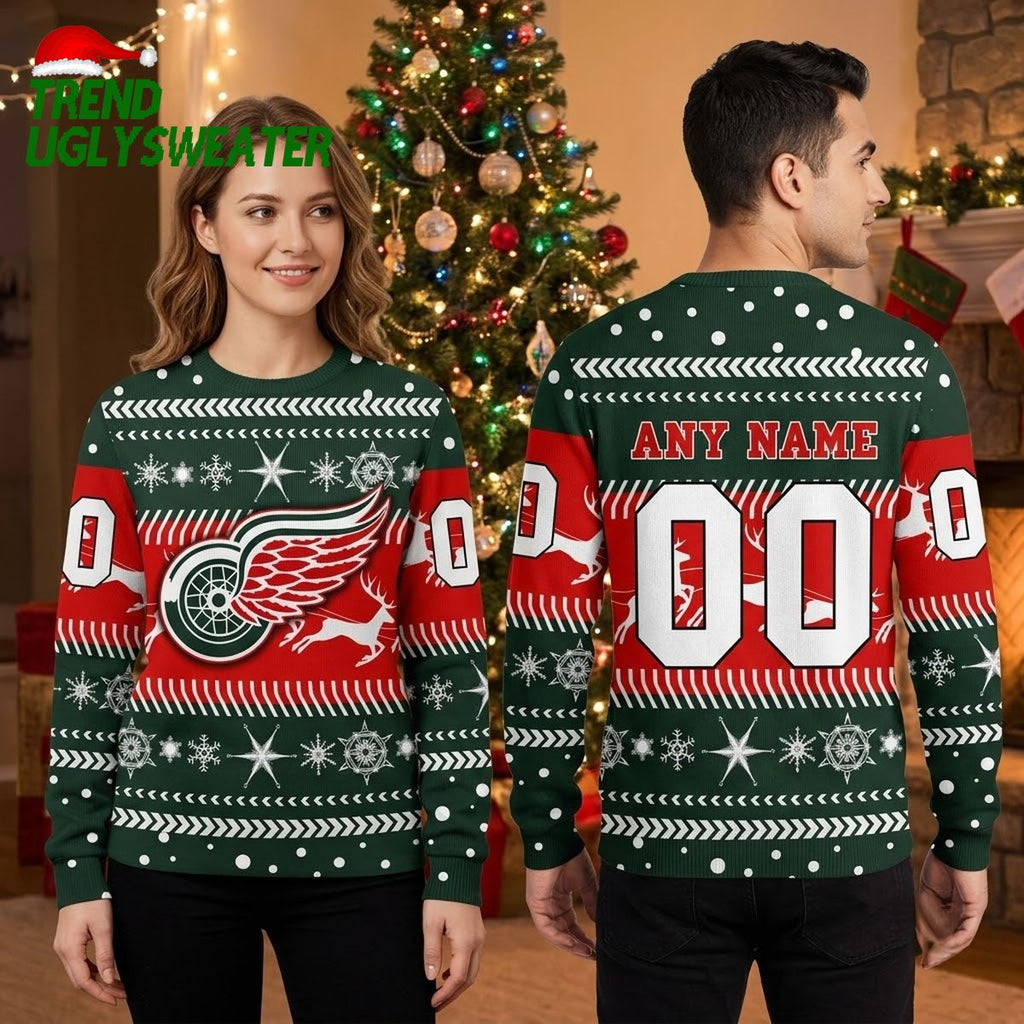 Detroit Red Wings Winged Wheel Reindeer Custom Name And Number Ugly Christmas Sweater