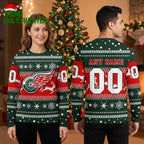 Detroit Red Wings Winged Wheel Reindeer Custom Name And Number Ugly Christmas Sweater