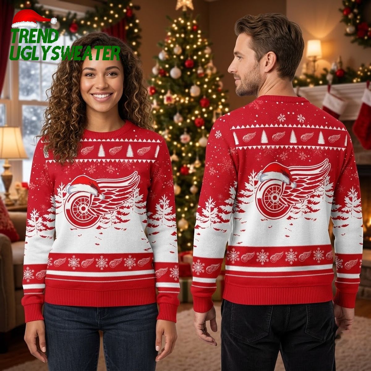 Detroit Red Wings Winged Wheel Santa Hat Ugly Christmas Sweater